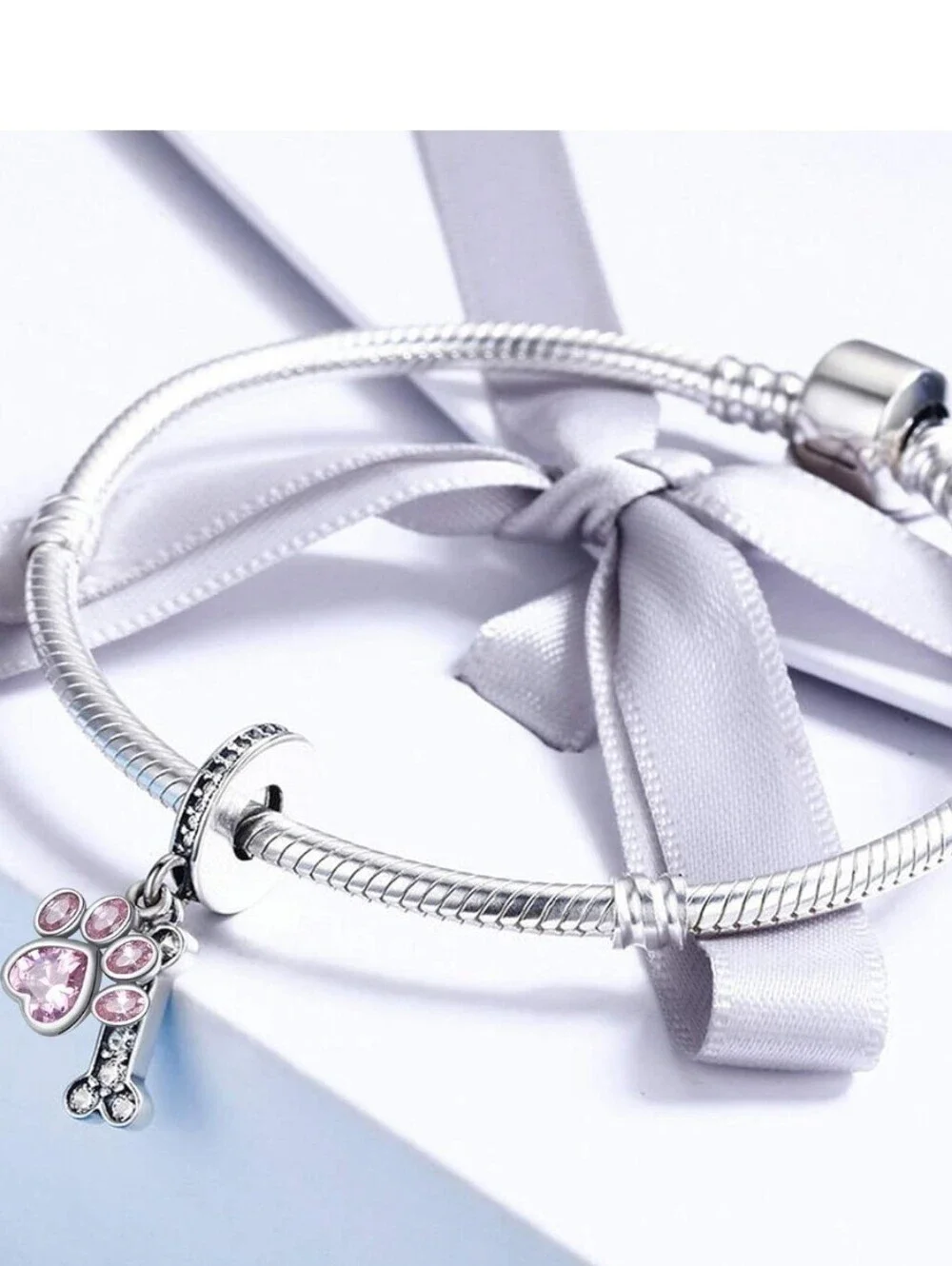 Pink Paw & Bone Dangle Charm - Silver Tone Pet Jewelry